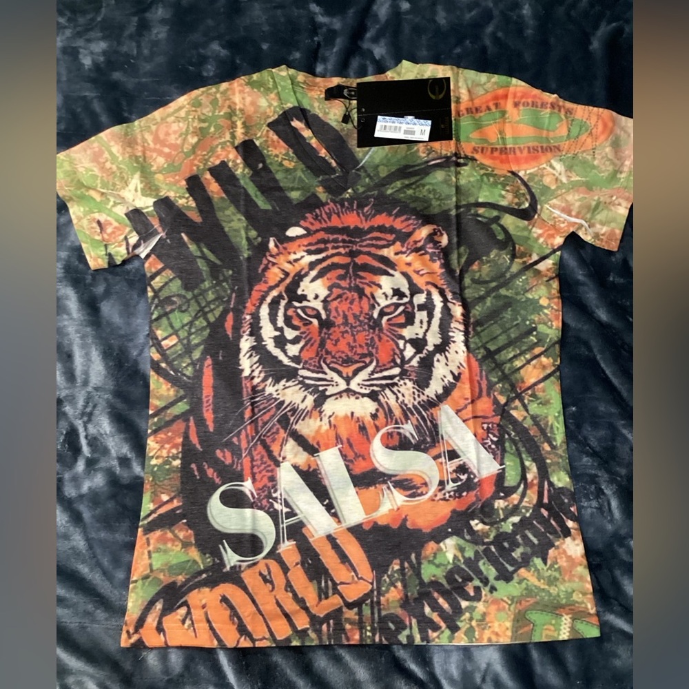 Just Cavalli Orange Green Tiger Graphic Short Sleeve Tee